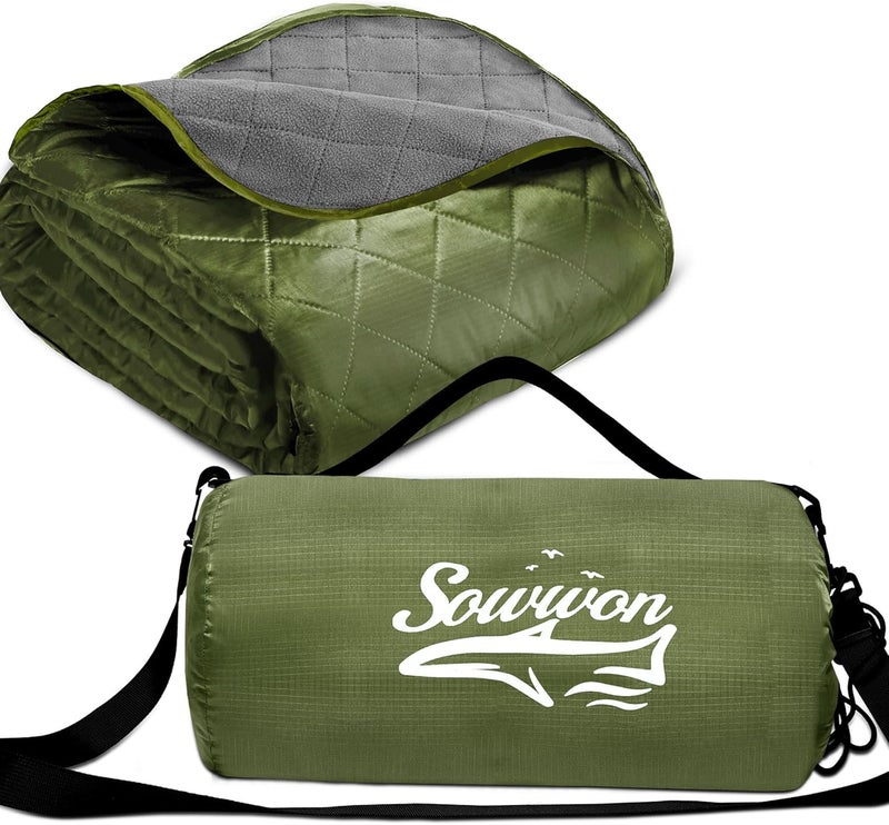 sowwon Waterproof Outdoor Blanket Packable, Stadium Blankets for Camping with Sherpa Fleece Lining, Large Windproof Emergency Throw for Garss Picnic Hiking Road Trip, Machine Washable, 82"X 55"/ 92''X 60'' - Image 1